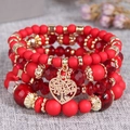Bohemian multi-layer red beaded bracelet set with golden hollow heart tree of life charm - Red