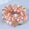 Bohemian multi-layer elastic beaded bracelet set with pink crystals and tree of life heart pendant - Pink