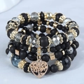 Bohemian multilayer beaded bracelet set with black matte beads and rose gold heart tree charm - Black