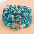 Bohemian multi-layer turquoise beaded bracelet with golden tree of life heart charm - Blue