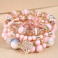 Multilayer beaded bracelet set with pink frosted beads and golden tree of life heart charm - Pink