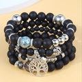 Multi-layered frosted black bead bracelet set with silver tree of life charm and turquoise - Black