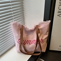 Borsa tote in tela rosa con ricamo Summer, bordi con frange e manici in pelle marrone - Rosa