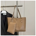 Khaki gewebte Leder-Shopper-Tasche im Set mit langen Tragegriffen und kleiner Tasche - Khaki