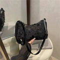 Chic black sequin underarm bag for women with silver chain and glossy finish - Black