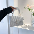 White V-quilted small square handbag with elegant ruched handle and gold hardware - White