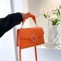 Orange pleated square handbag with V-quilted pattern and metallic lock for women - Orange
