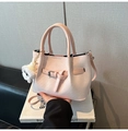 Minimalist light pink woven texture tote bag with shoulder strap and plush charm - With Charm / Pink