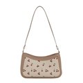 Chic cream leather crossbody bag with red cherry prints and brown trim in a square design - Khaki