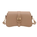 Elegant apricot leather shoulder bag with gold oval buckle and wavy base on white background - Khaki