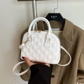 White glossy patent leather shell handbag with elegant quilted lattice texture - White