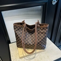 Sac tote à damier marron avec imprimé vintage et fines lanières de cuir nouées - Marron