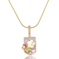 Dettaglio collana con fiori di perle barocche, ciondolo in smalto viola e cristalli - Collana di Perle Viola (X3986)