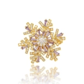 Macro view of gold snowflake brooch featuring purple zircon gems and crystals - Purple Snowflake Style (XX0207)