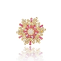 Macro detail of rotating snowflake brooch with pink zircon stones and golden metal finish - Pink Snowflake Style (XX0205)