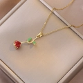 Elegant gold titanium steel rose flower pendant necklace on a champagne silk background - Rose Flower Necklace (X2952)