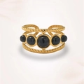 Detail of vintage gold-plated stainless steel ring with five black resin stone inlays - Black Stone Style (J0442)