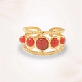 Detailed close-up of a vintage adjustable gold ring with five round red resin insets - Red Stone Style (J0441)