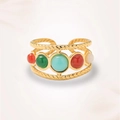 Detail of vintage gold ring with colorful resin stones and twisted rope texture - Multicolor Stone Style (J0439)
