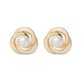 Detail of vintage gold hoop earrings with cream enamel petals and centered pearls - Earrings Only / Gold