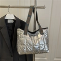 Silver quilted down tote bag with ethnic pattern wide shoulder strap in metallic finish - Silver