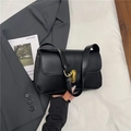 Sac sous le bras minimaliste en cuir noir pour femme avec fermoir tournant ovale doré - Noir