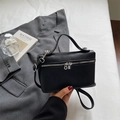 Elegant black lychee texture vanity case bag with silver hardware and top handle - Black