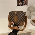 Bolso tipo cubo retro a cuadros marrones con correa ancha estampada y herrajes oro - Marrón