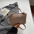 Brown lychee leather vanity case handbag with silver zippers and crossbody strap - Khaki