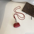 Rote Leder-Kopfhörertasche Halskette mit Vintage-Druckknopf und verstellbarem Band - Burgunderrot