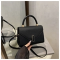 Minimalist black PU leather crossbody bag with pebble texture and gold rectangle lock - Black