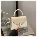 Creamy white structured square bag with straw weave texture and gold buckle detail - White