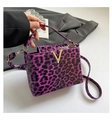 Purple leopard print patent leather handbag with gold V-buckle and crossbody strap - Purple Leopard (6174)