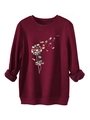 Macro detail of the dandelion book print and thick fleece lining on burgundy sweatshirt - S / Burgundy