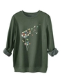 Detail showing the gray fleece lining and dandelion book print on this green sweatshirt - S / Army Green