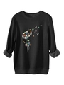 Close-up of dandelion book print and thick warm fabric texture on black sweatshirt - Black