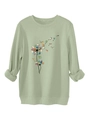 Detail of sage green sweatshirt showing thick fabric and creative book dandelion print - Olive Green