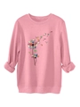 Detail of pink sweatshirt featuring creative dandelion book illustration and ribbed cuffs - Peach