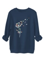 Detail of artistic flying books dandelion print on navy blue thick sweatshirt - Navy Blue