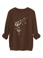 Detail of ribbed cuffs and creative dandelion book print on a brown fleece sweatshirt - Coffee