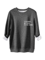 Close-up of charcoal gray sweatshirt with white fleece lining and chest slogan print - Dark Gray