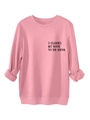Close-up of I CLOSED MY BOOK print on a pink casual sweatshirt with ribbed cuffs - Peach