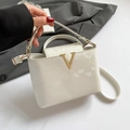 White snakeskin embossed trapezoid handbag with gold V-buckle and removable strap - White 6175
