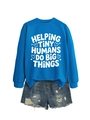 Blue crewneck sweatshirt with 'Helping Tiny Humans' text paired with denim shorts - Lake Blue (White Font)
