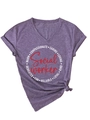 Detail of V-neck heather purple T-shirt showing side knot hem and Social Worker print - Purple (White Print)