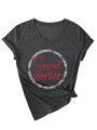 Detail of V-neck grey T-shirt with rolled sleeves, knot hem, and social worker print - Heather Grey (White Print)