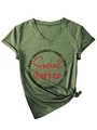 Detail of V-neck dark green T-shirt featuring compassionate social worker graphic print - Olive Green (Black Print)