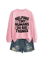 Detail of pink sweatshirt with helping tiny humans quote and distressed denim shorts - Pink (Black Text)