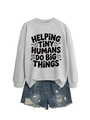 Detail showing 'HELPING TINY HUMANS' slogan print on a grey casual sweatshirt - Grey (Black Font)