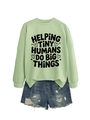 Green long sleeve sweatshirt with Helping Tiny Humans print and ripped denim shorts set - Olive Green (Black Font)